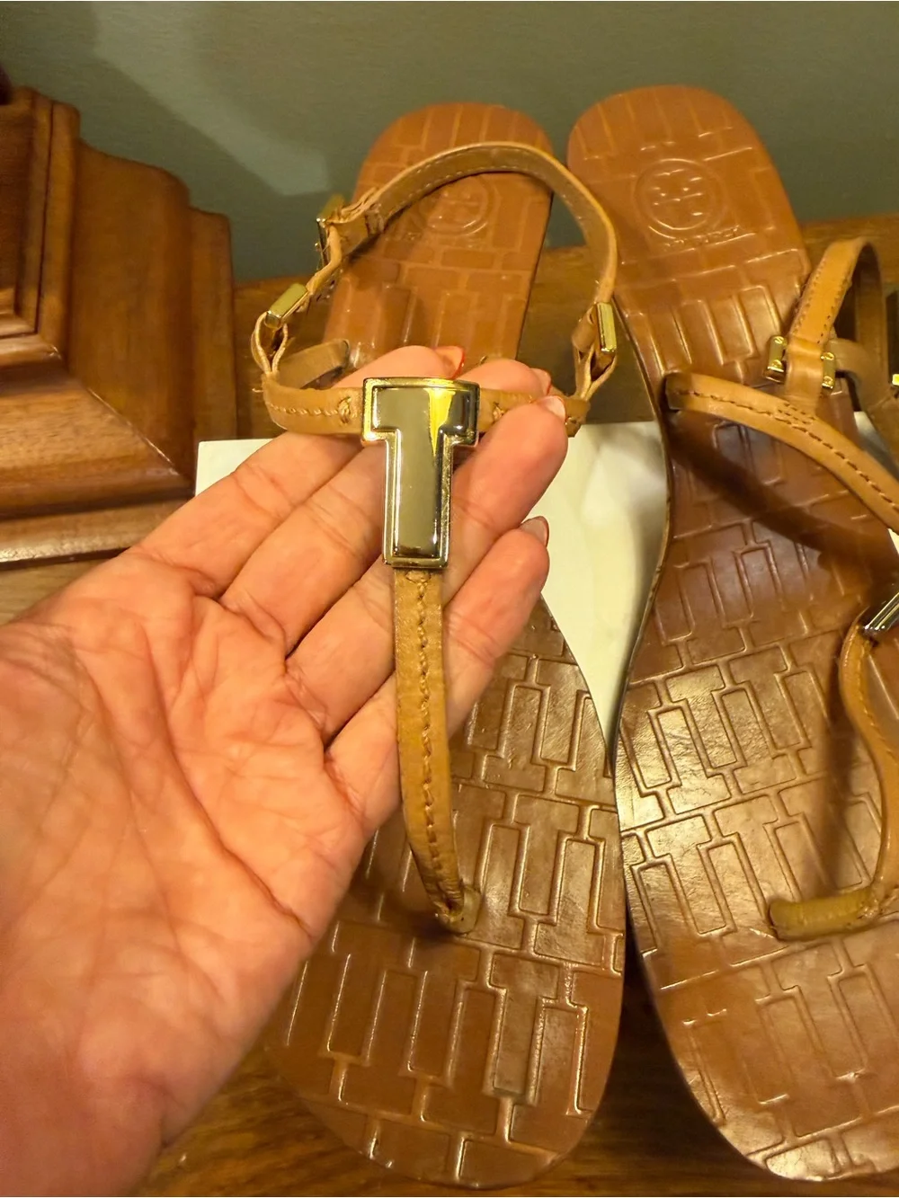 Tory Burch Pauline T Tan Leather Cork Wedge Sandals Size 10.5 $265